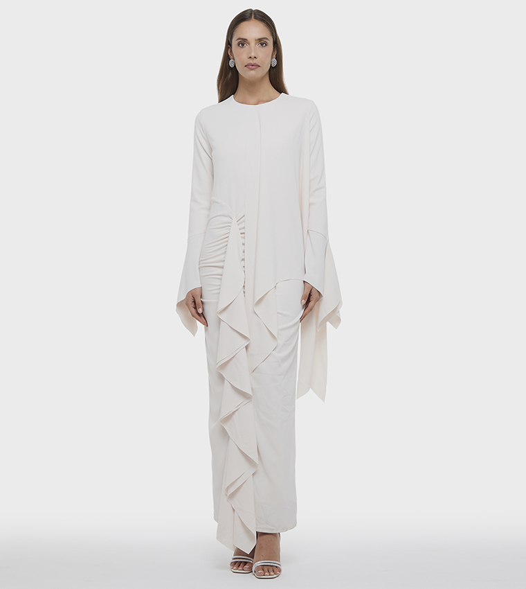 Ruffled Long Sleeves Crepe Maxi Dress