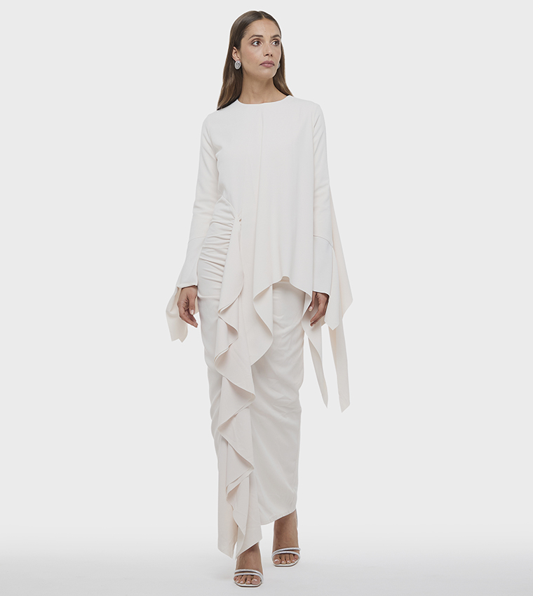 Ruffled Long Sleeves Crepe Maxi Dress