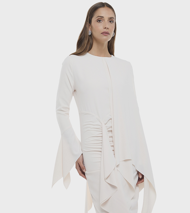 Ruffled Long Sleeves Crepe Maxi Dress