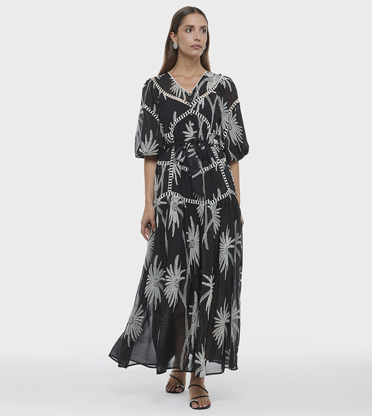 Embroidered Puff Sleeves Midaxi Dress