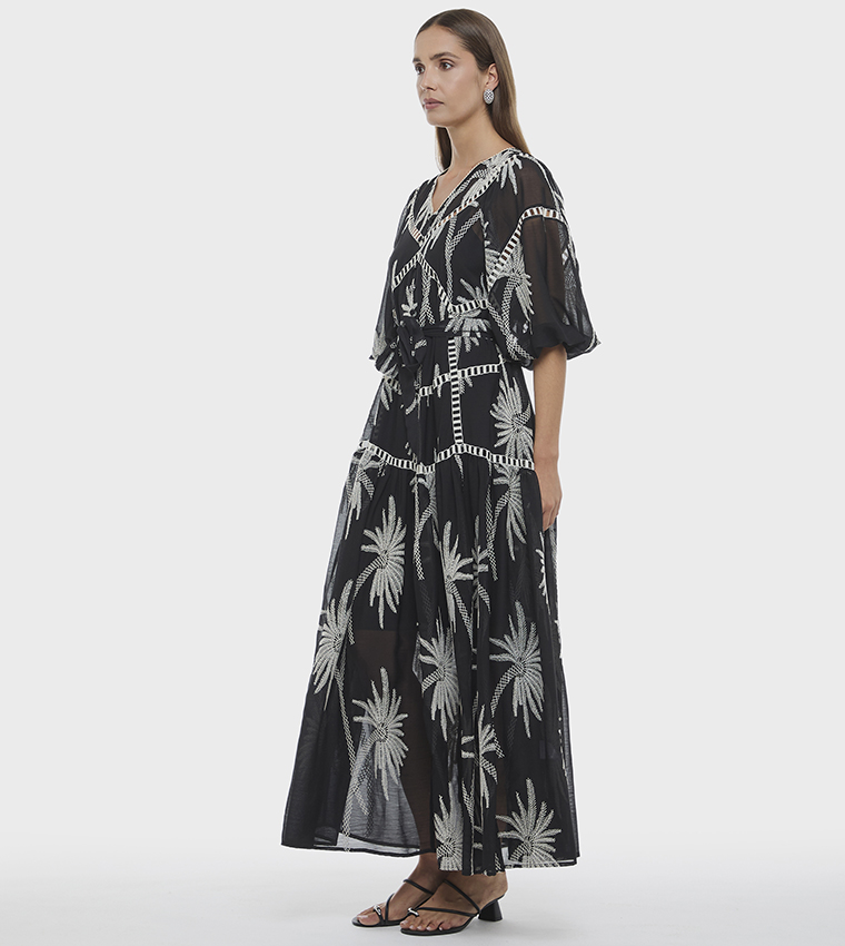 Embroidered Puff Sleeves Midaxi Dress