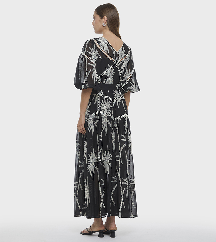 Embroidered Puff Sleeves Midaxi Dress