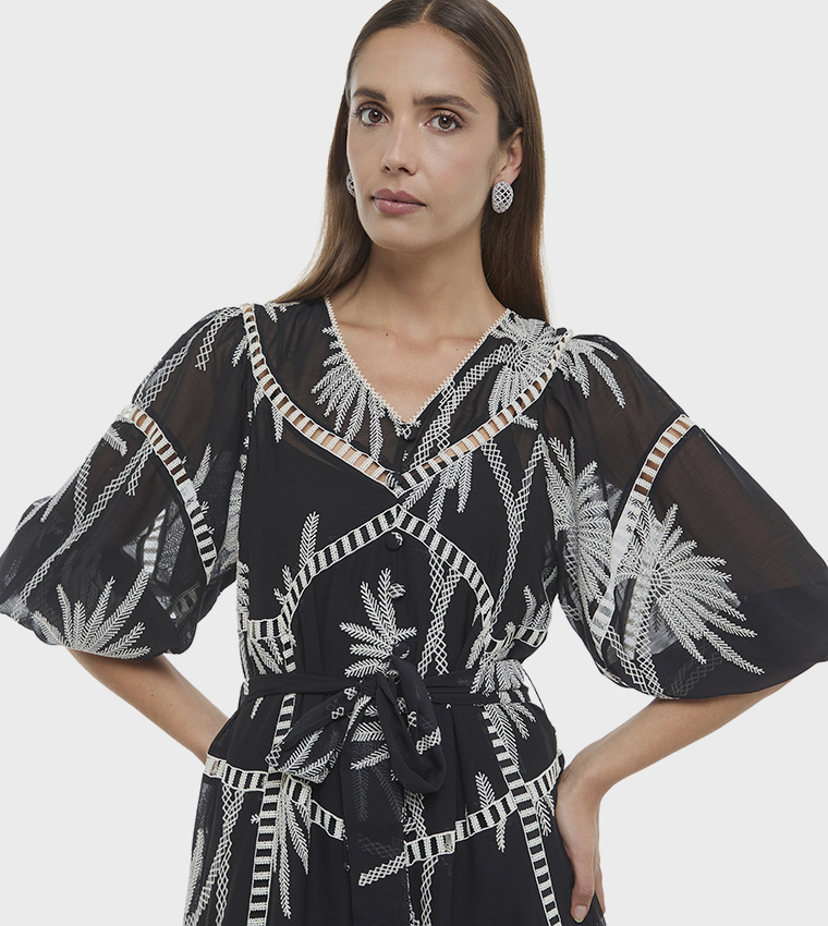 Embroidered Puff Sleeves Midaxi Dress