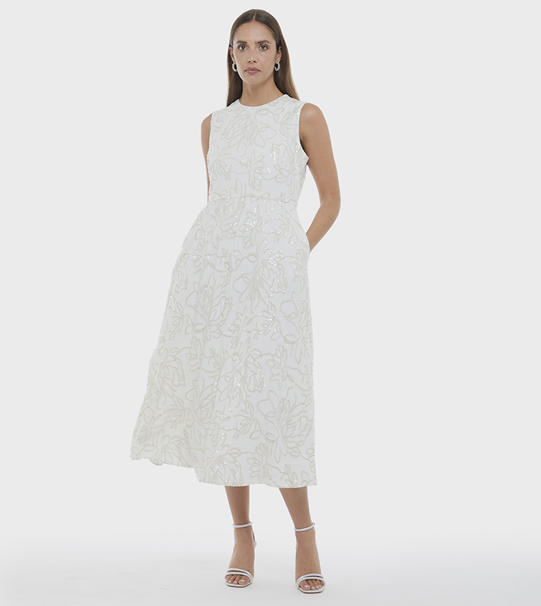 Buy BCBG Embroidered Sleeveless Midi Dress In Cream