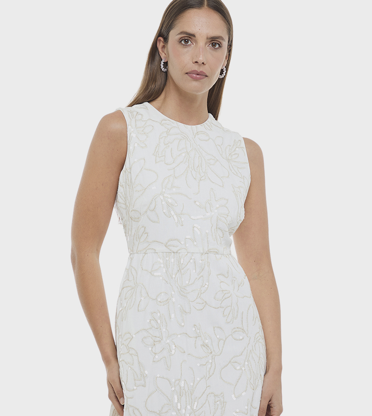 Buy BCBG Embroidered Sleeveless Midi Dress In Cream