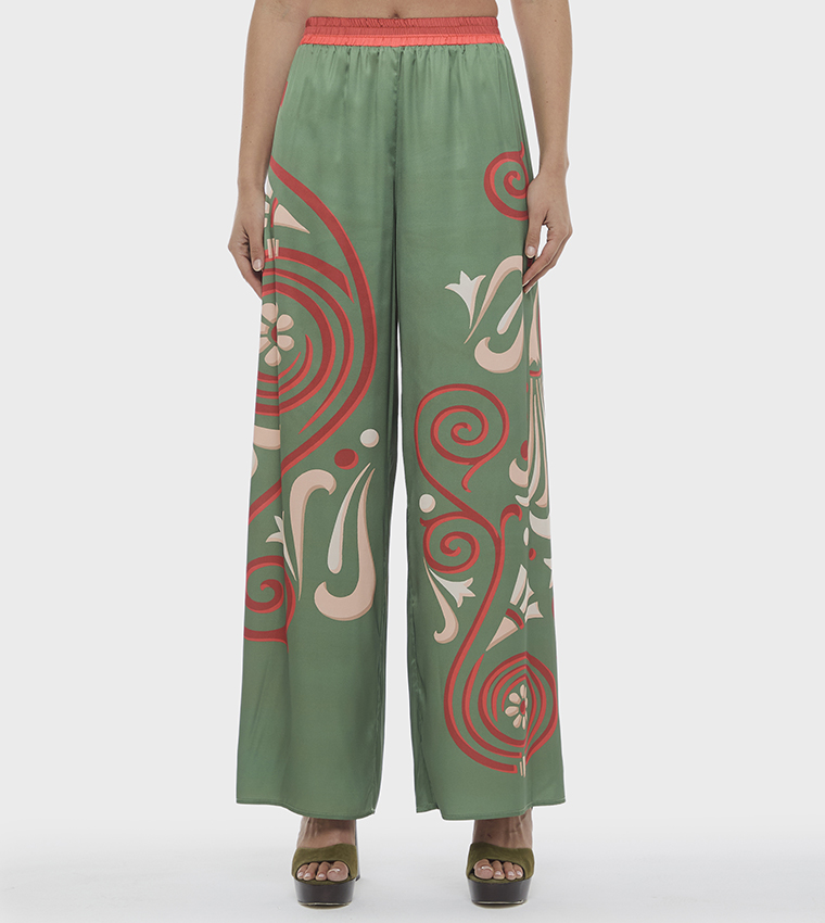 Printed Elastic Waist Wide Leg Pants