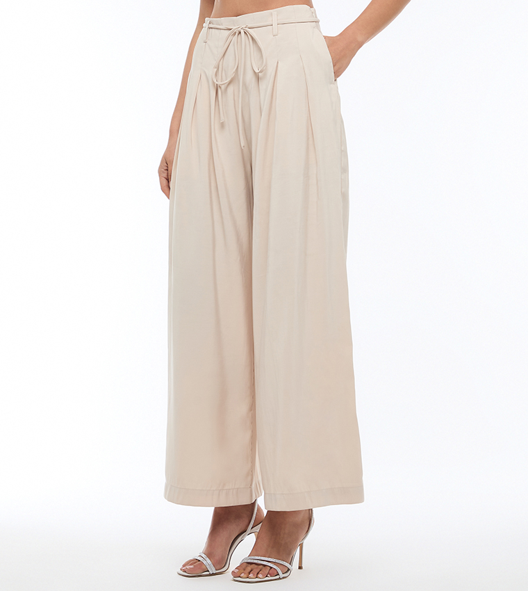 Solid Cupro Pleated Wide Leg Pants