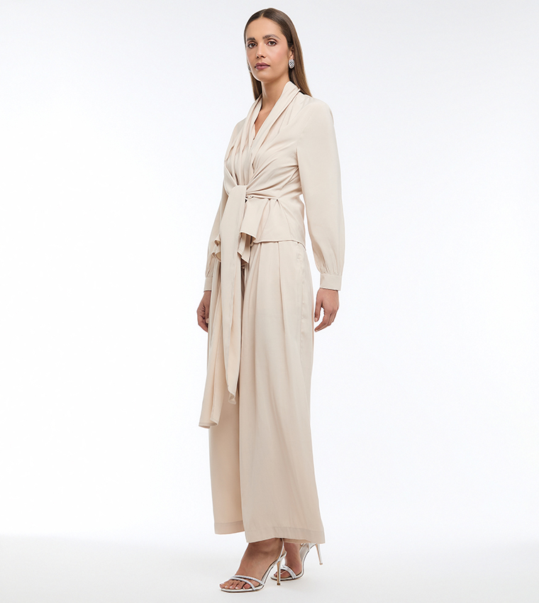 Solid Cupro Pleated Wide Leg Pants