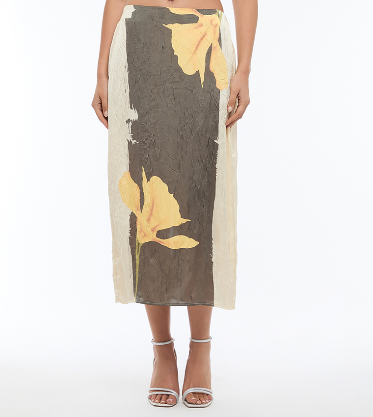 Printed Elastic Waist Satin Midi Skirt