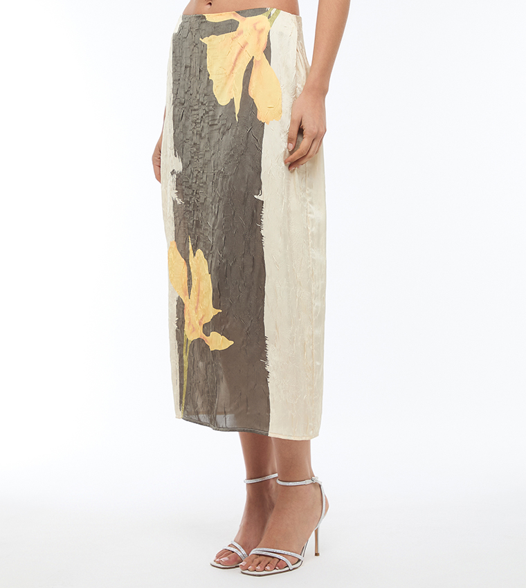 Printed Elastic Waist Satin Midi Skirt