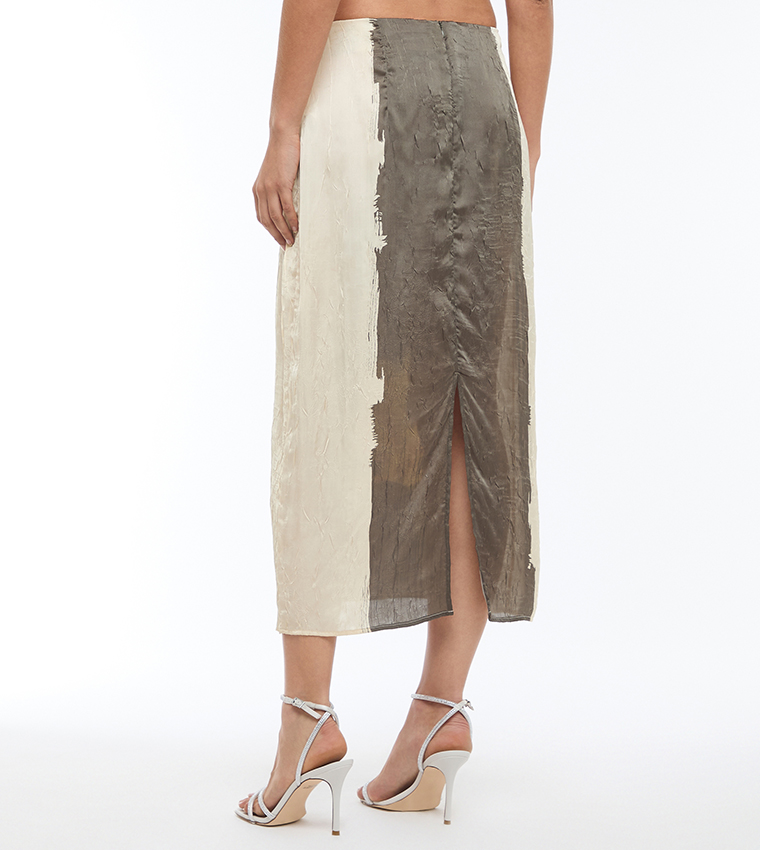 Printed Elastic Waist Satin Midi Skirt