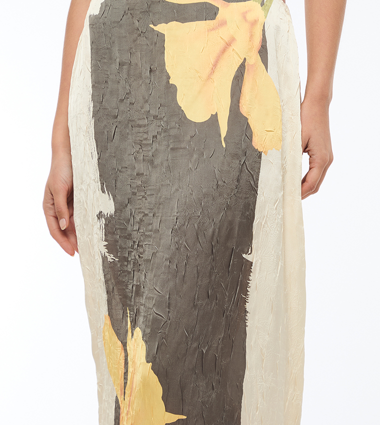 Printed Elastic Waist Satin Midi Skirt