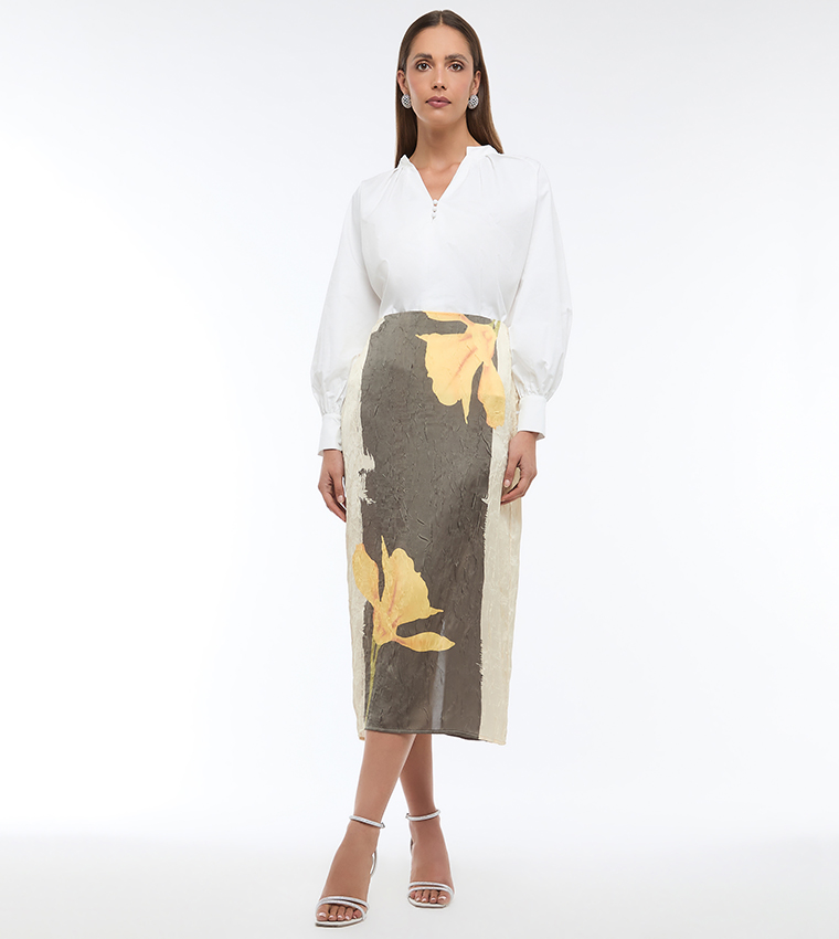 Printed Elastic Waist Satin Midi Skirt