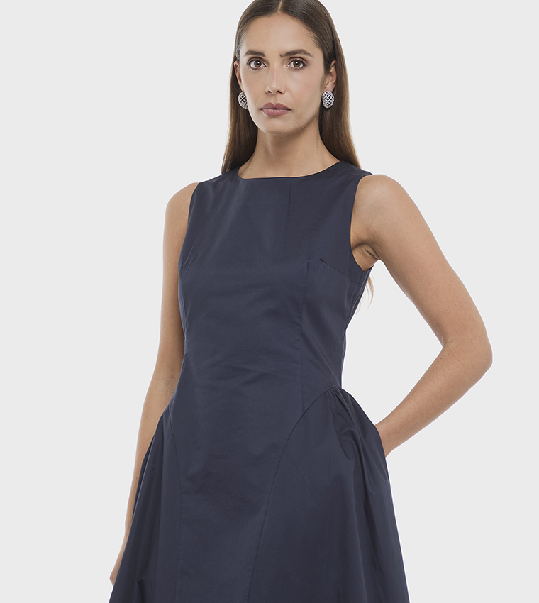 Buy BCBG Solid Sleeveless Pleated Poplin Midi Dress In Navy