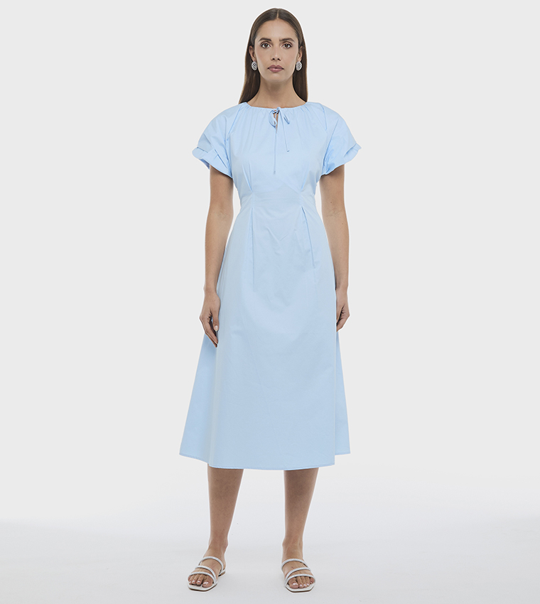 Solid Extended Sleeves Pleated Poplin Midi Dress