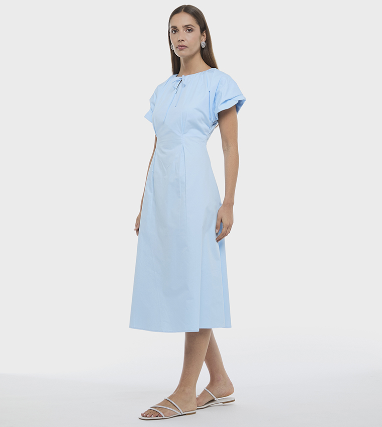 Solid Extended Sleeves Pleated Poplin Midi Dress