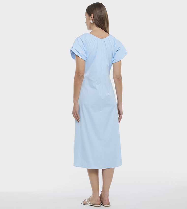 Solid Extended Sleeves Pleated Poplin Midi Dress