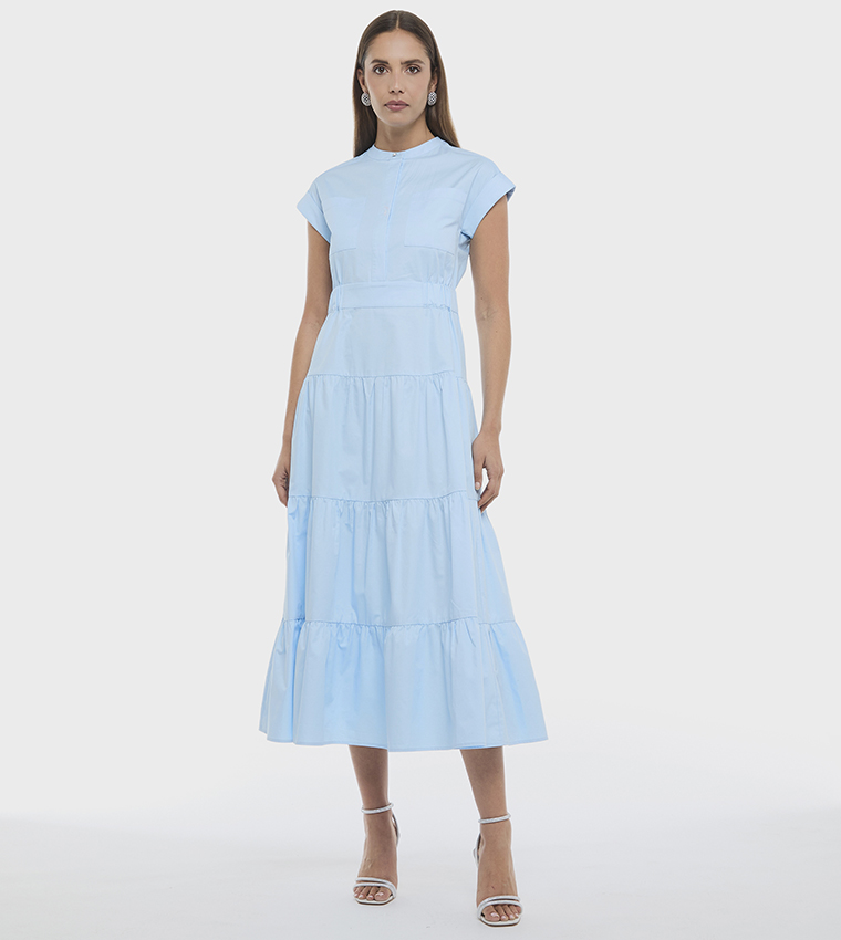 Solid High Neck Poplin Tiered Dress