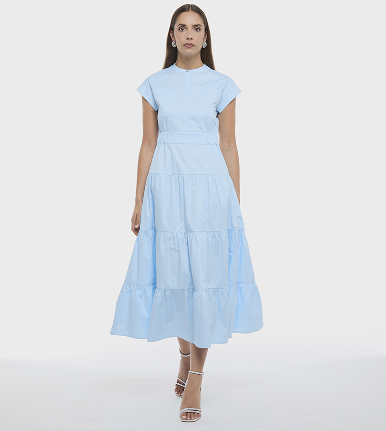 Solid High Neck Poplin Tiered Dress