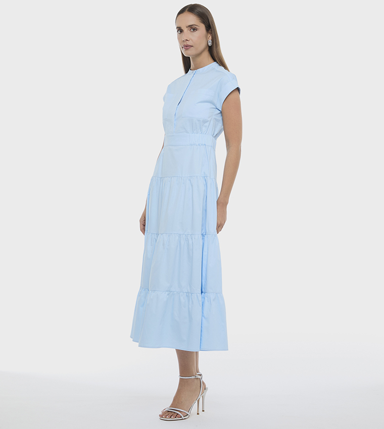 Solid High Neck Poplin Tiered Dress