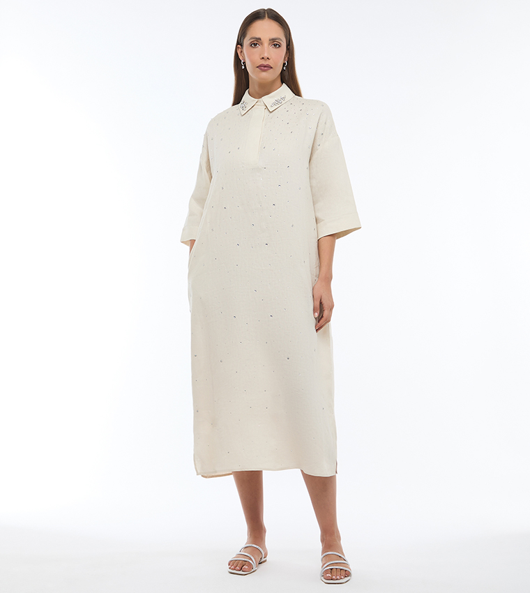 Buy BCBG Embellished Collared Midi Dress In Beige | 6thstreet Bahrain