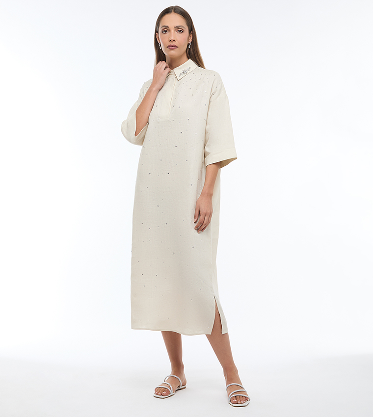 Embellished Collared Midi Dress