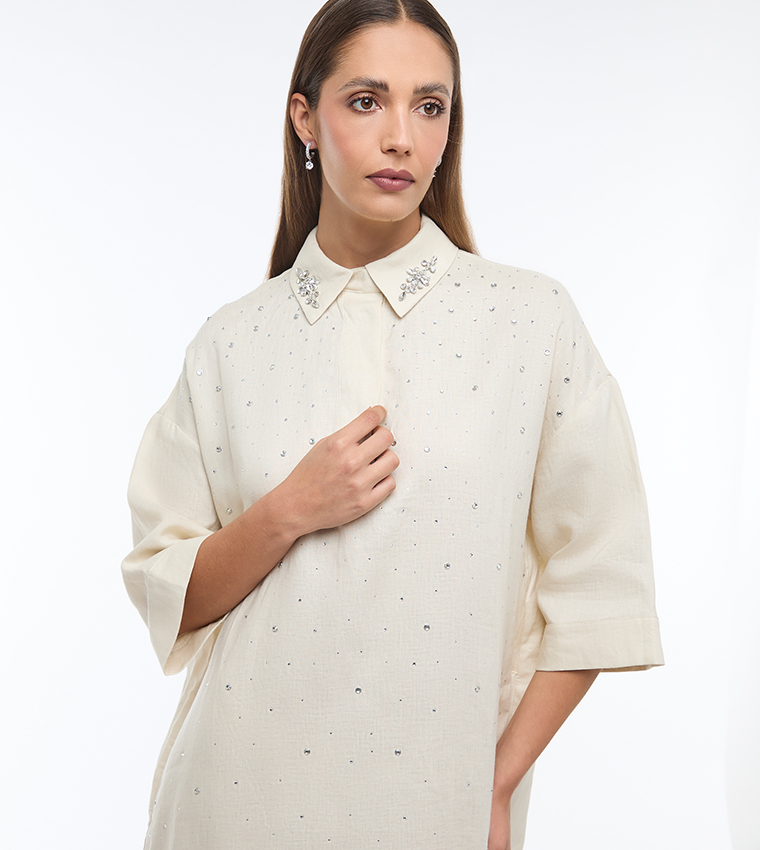 Embellished Collared Midi Dress