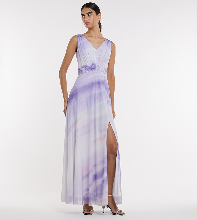 purple dresses graduation Simple V Neck Purple Satin Long Prom Dresses with High Slit, V Neck Pu –  Eip Collection