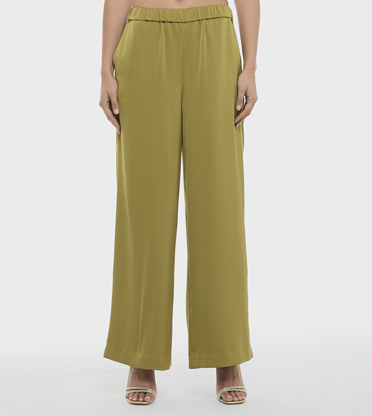 Solid Elastic Waist Wide Leg Pants