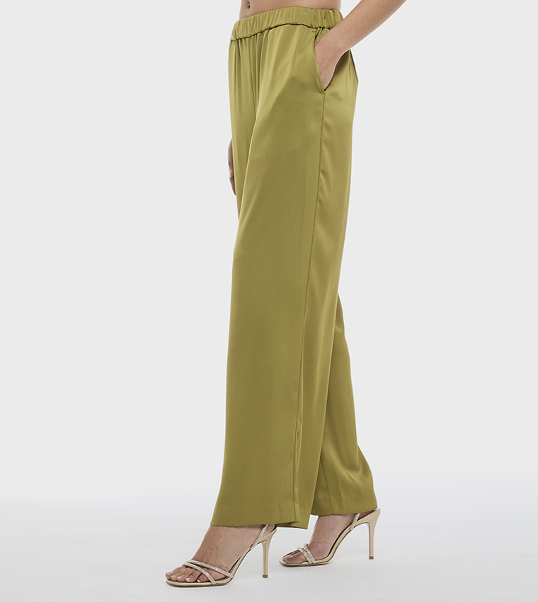Solid Elastic Waist Wide Leg Pants