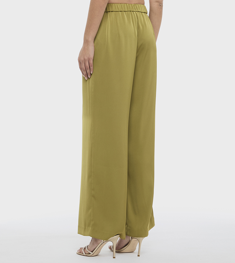 Solid Elastic Waist Wide Leg Pants