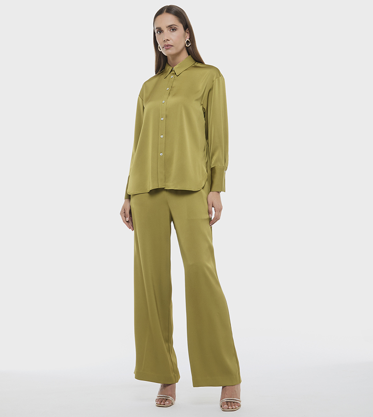 Solid Elastic Waist Wide Leg Pants
