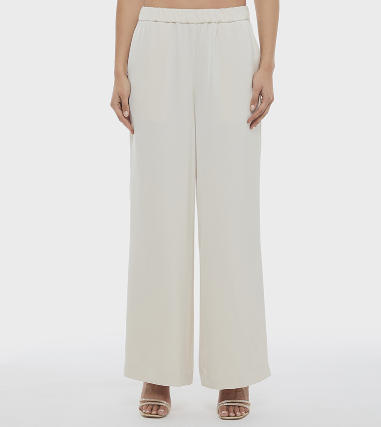 Solid Elastic Waist Wide Leg Pants