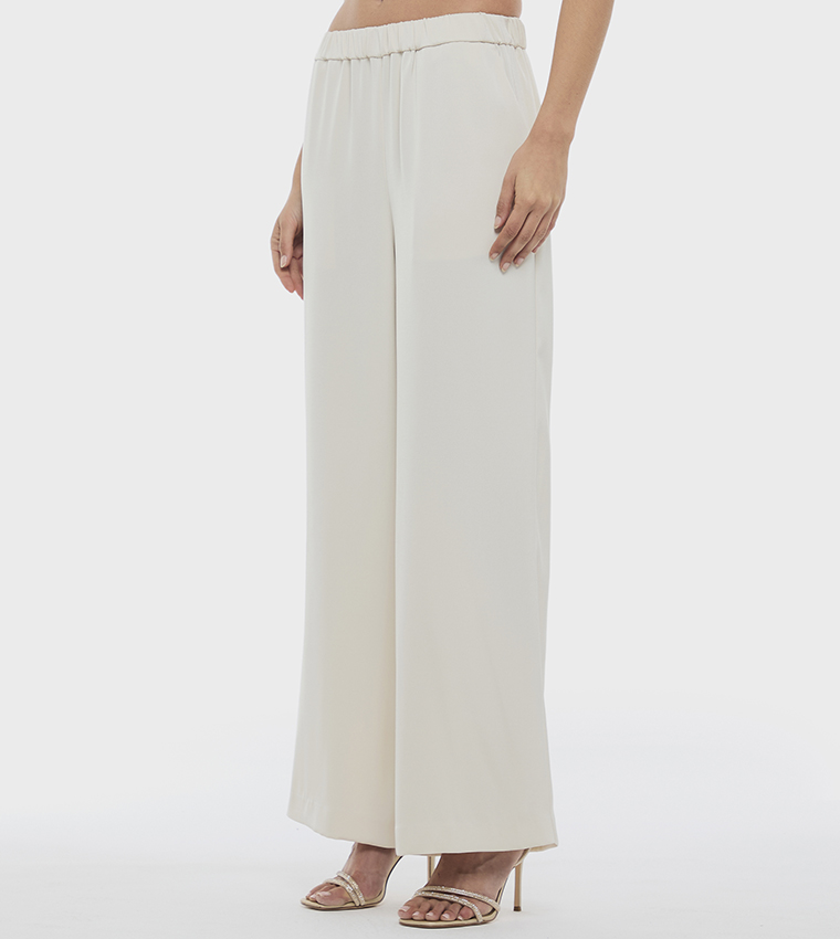 Solid Elastic Waist Wide Leg Pants