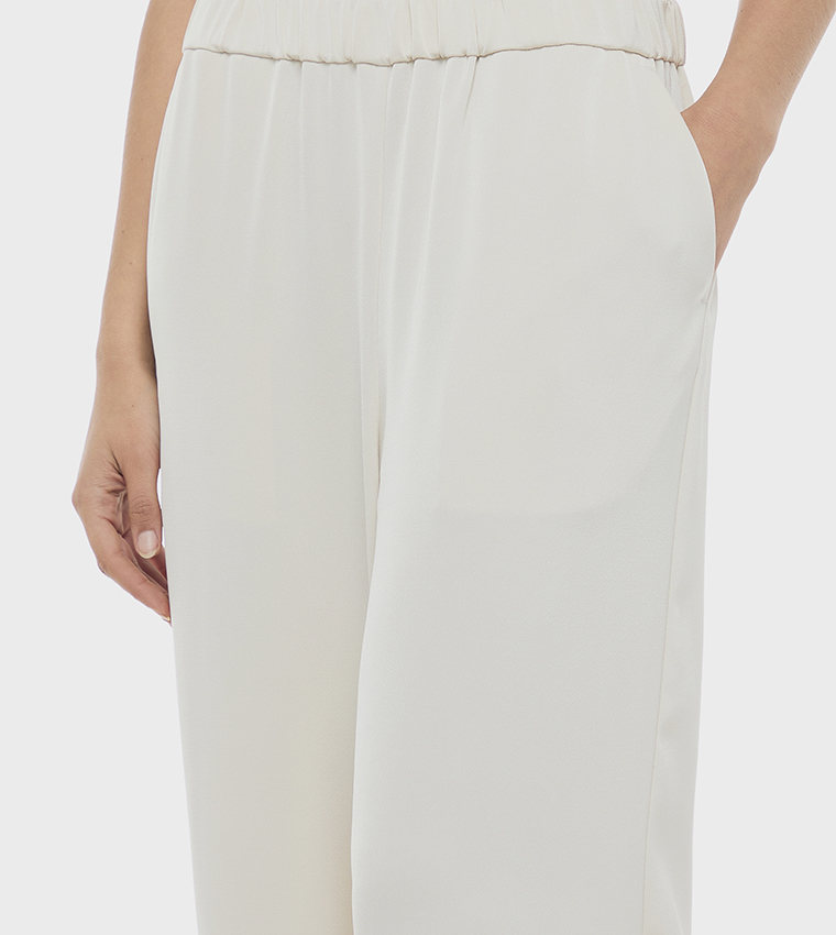 Solid Elastic Waist Wide Leg Pants