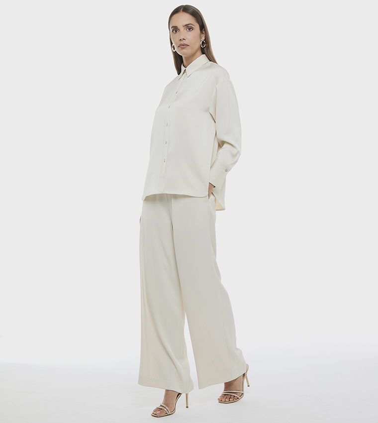 Solid Elastic Waist Wide Leg Pants