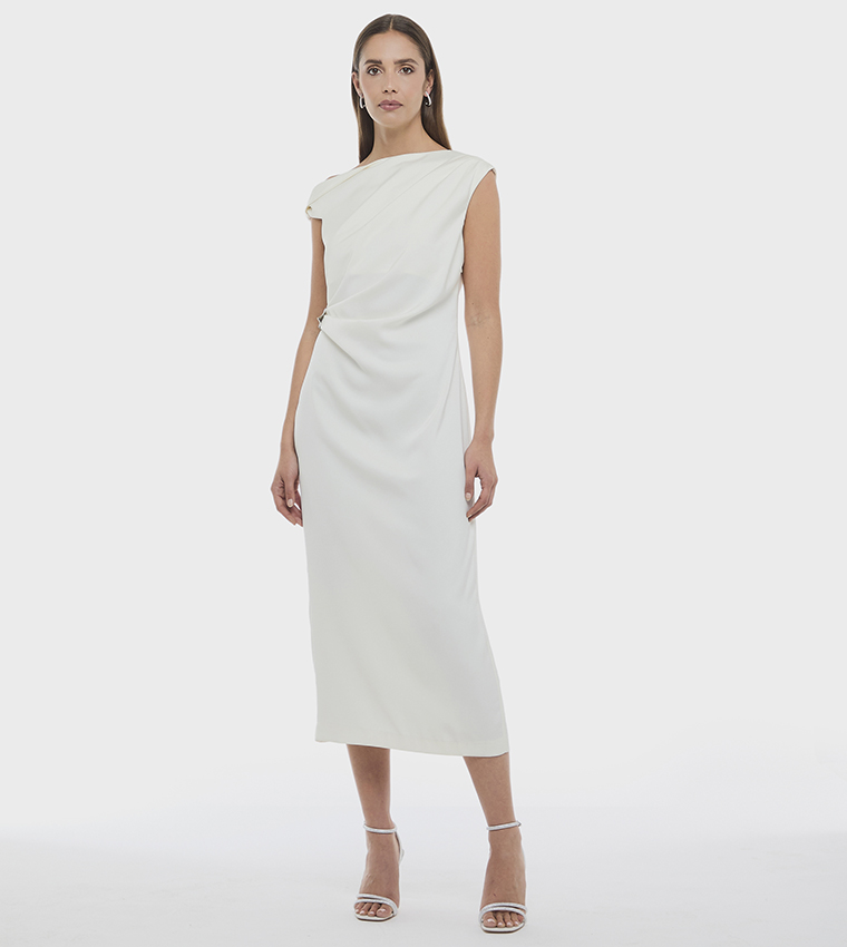 Buy BCBG Solid Asymmetric Neck Midi Dress In White | 6thstreet Qatar