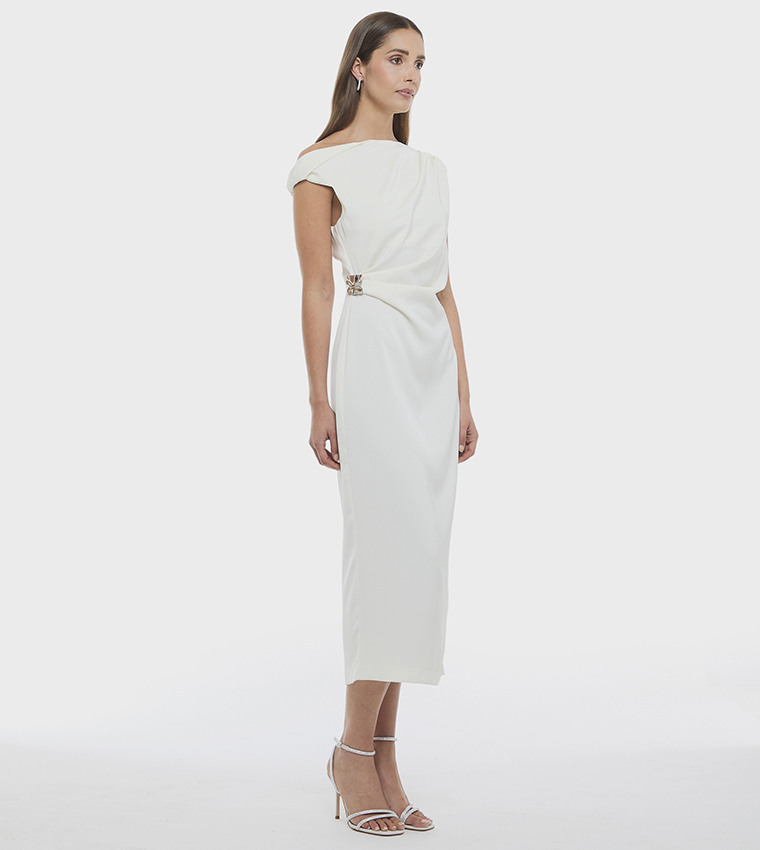 Buy BCBG Solid Asymmetric Neck Midi Dress In White | 6thstreet Qatar Buy BCBG Solid Asymmetric Neck Midi Dress In White | 6thstreet Qatar