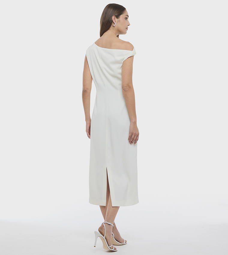 Buy BCBG Solid Asymmetric Neck Midi Dress In White | 6thstreet Qatar