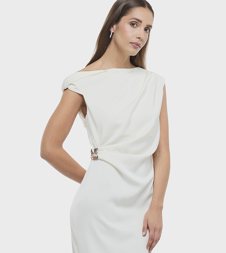 Buy BCBG Solid Asymmetric Neck Midi Dress In White | 6thstreet Qatar