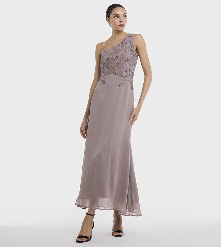 Embellished Asymmetric Shoulder Maxi Dress