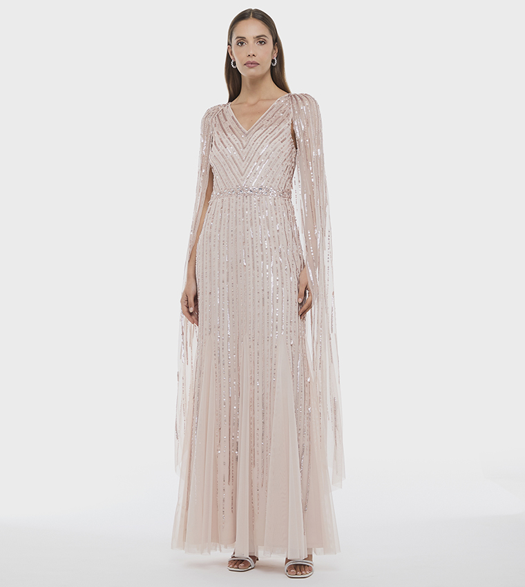 Sequined Cape Sleeves Maxi Dress