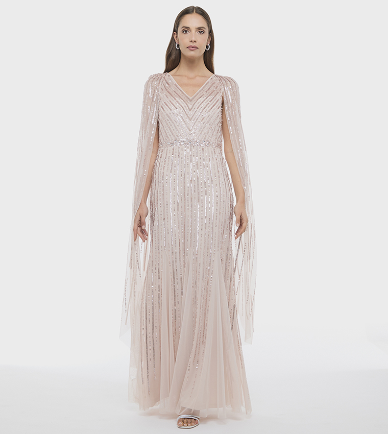 Sequined Cape Sleeves Maxi Dress