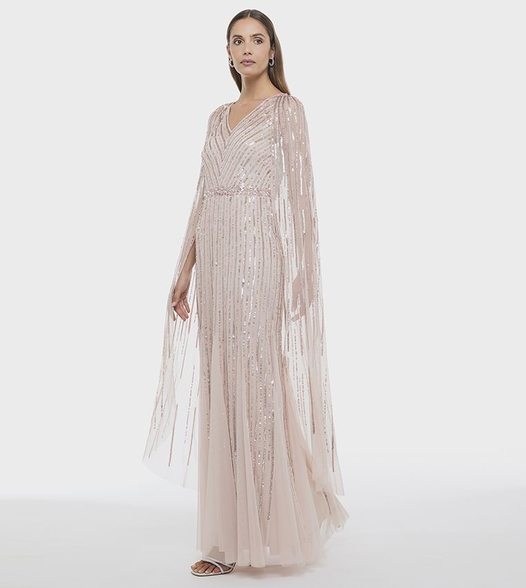 Sequined Cape Sleeves Maxi Dress