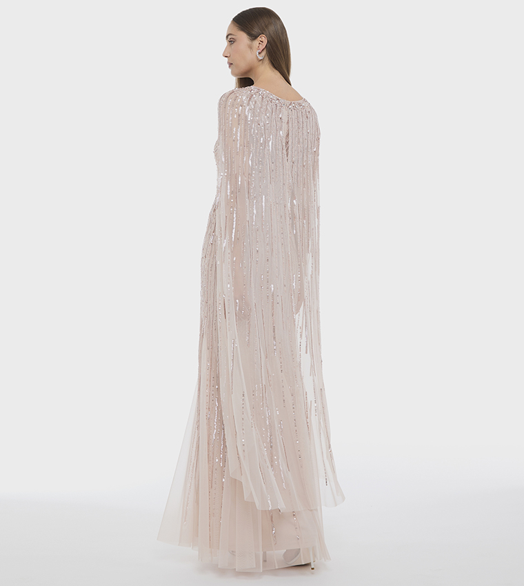 Sequined Cape Sleeves Maxi Dress