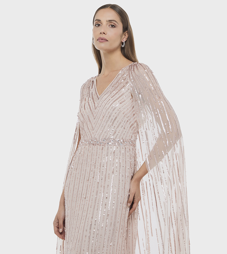 Sequined Cape Sleeves Maxi Dress