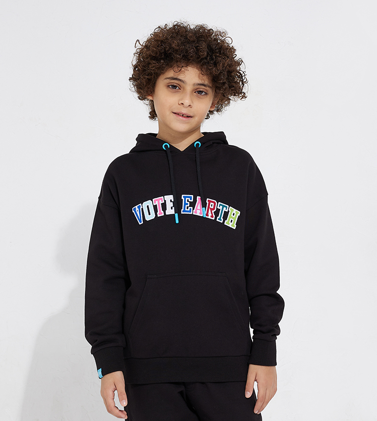 Vote Earth Embroidered Drop Shoulder Long Sleeve Hoodie