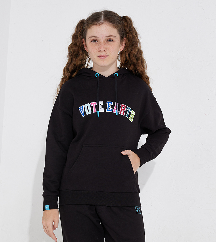 Vote Earth Embroidered Drop Shoulder Long Sleeve Hoodie