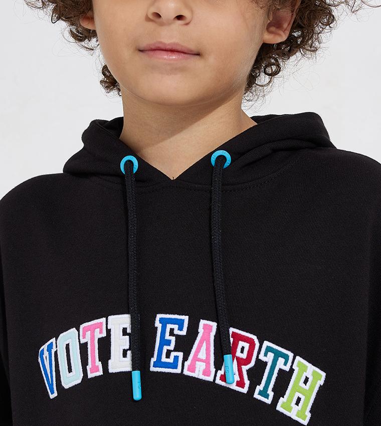 Vote Earth Embroidered Drop Shoulder Long Sleeve Hoodie