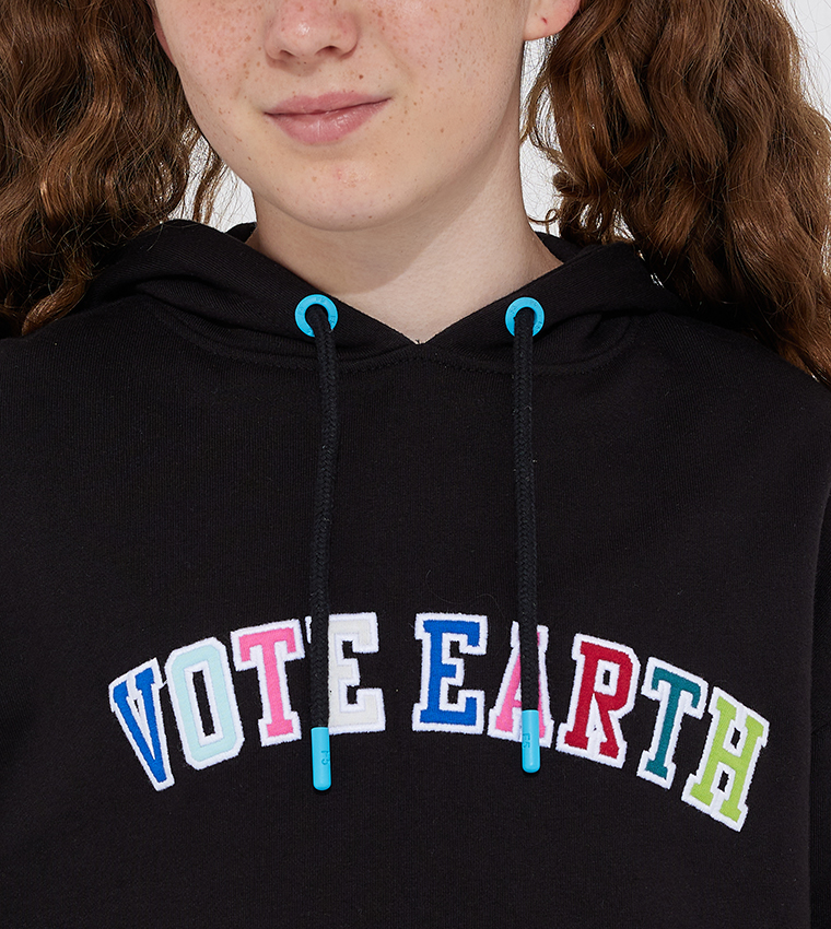 Vote Earth Embroidered Drop Shoulder Long Sleeve Hoodie